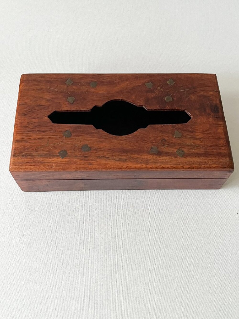 Vintage Handcrafted Solid Wood Tissue Box Cover Brass Inlay Wooden Decor